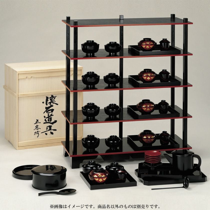 未使用 懐石道具 塗師 信斎作 木製 黒真塗胴張膳 内朱縁 十客揃 会席膳 共箱 茶道具 懐石道具 五客揃 木製漆塗 (木箱付) 中村宗悦 ○写真