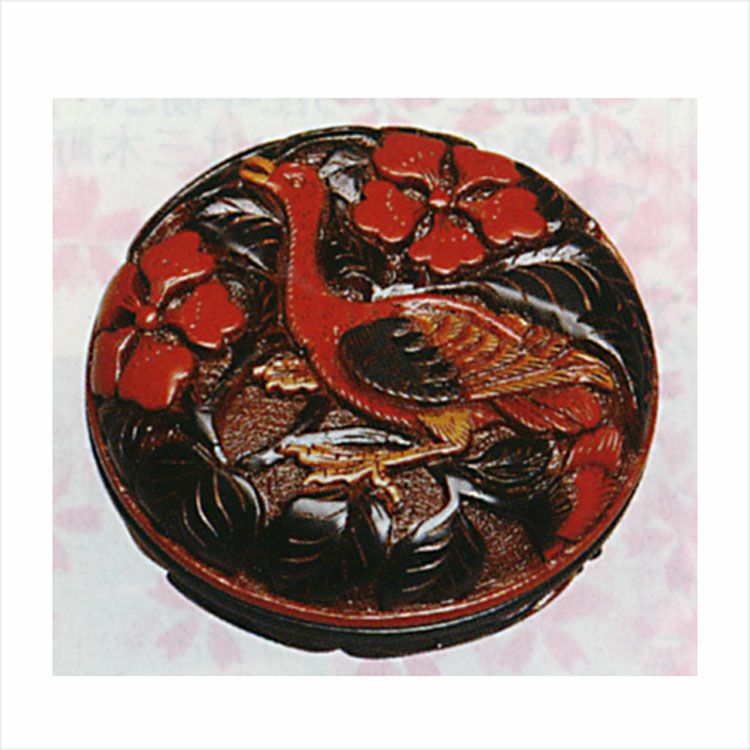 茶道具 堆朱香合 紅花緑葉 唐花鴨紋 尾吉蔵 香合