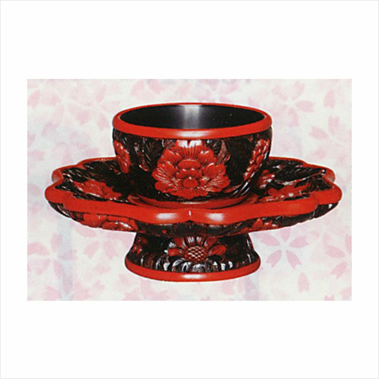 茶道具 堆朱天目台 輪花形 紅花緑葉 菊牡丹紋 尾吉蔵 天目台