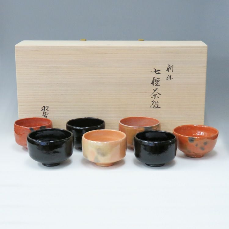 煎茶道具　七仙寿　汲出し茶碗　煎茶碗　六客　時代箱付　M　R7181 京焼 粟田焼 錦光山 七宝繋文 汲み出し椀 汲出碗 煎茶碗 湯呑 5客組 五