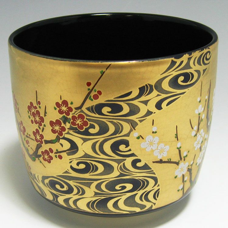 送料込【逢絢亭・新品】茶道具 筒茶碗 美濃焼 光琳写 紅白梅 宮地英香 紙箱入り 茶道具 筒茶碗（つつちゃわん） 筒茶碗 金地 光琳梅 宮地英香