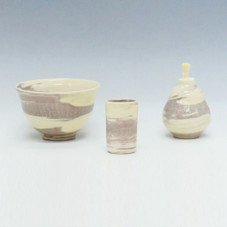 茶道具 陶器三点セット(茶碗・振出・茶巾筒) 紫三島 刷毛目 陶楽