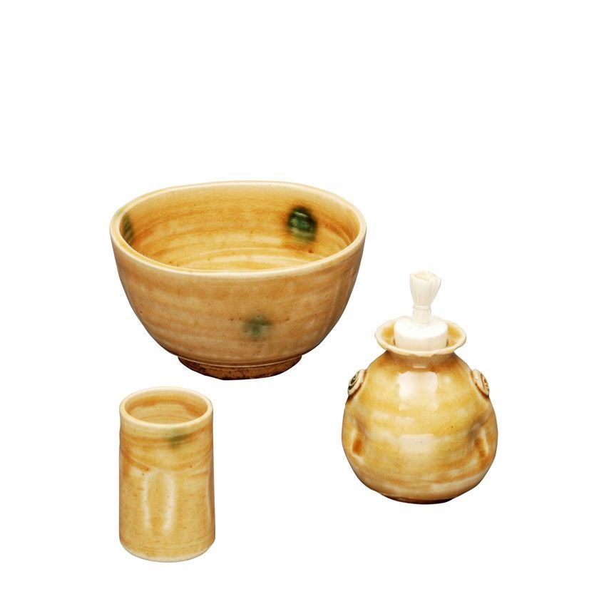 茶道具 陶器三点セット(茶碗・振出・茶巾筒) 黄瀬戸 鉄山