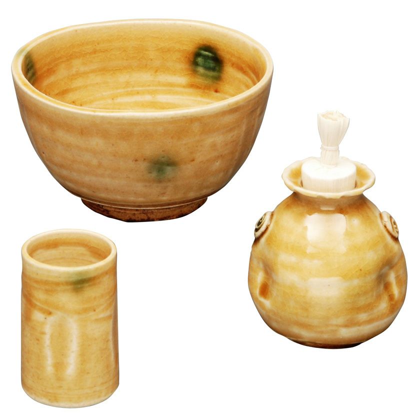 茶道具 陶器三点セット(茶碗・振出・茶巾筒) 黄瀬戸 鉄山