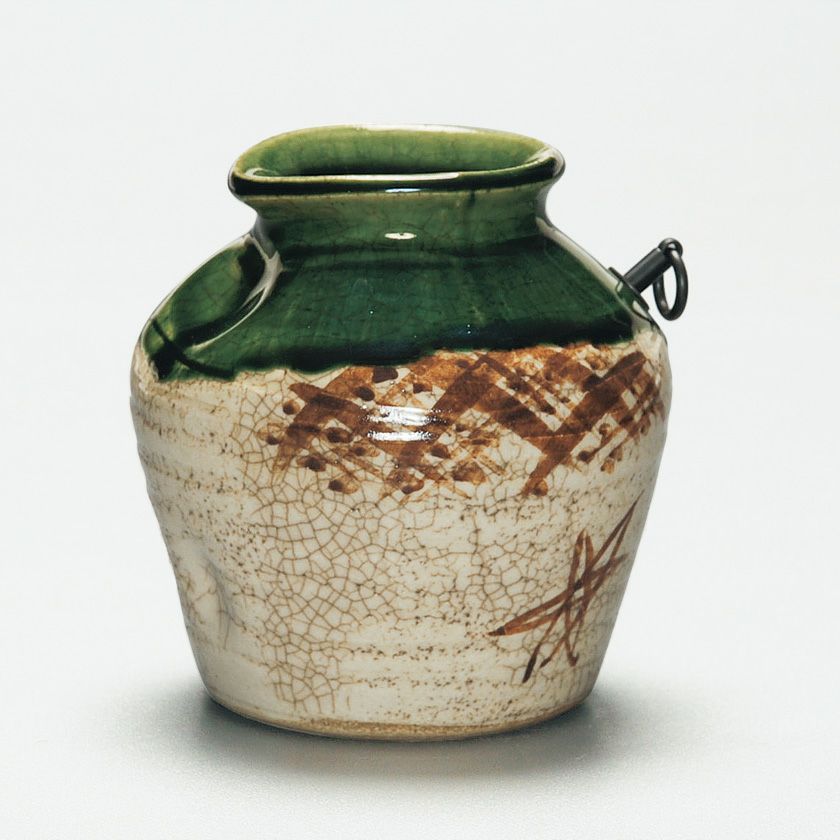 B477s 「織部 双魚飾花生」織部様式　花入　茶道具　作者不詳　箱無し 茶道具 青銅 瓢形 花入 横倉嘉山 共箱 ひさご 花生 花器 山形 鋳物 釜