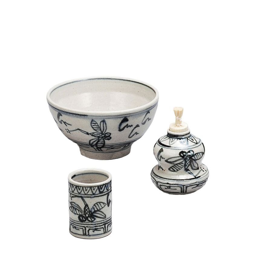 【茶道具】 安南　振り出し　合箱　中国陶磁器 茶道具 三点セット（茶碗・振出・茶巾筒） 安南 蜻蛉 暁楽窯 陶器三点揃