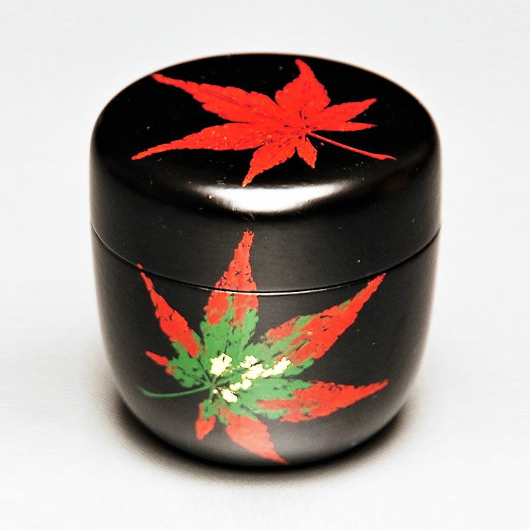 中村宗悦作 「流水に紅葉」唐戸面長棗 茶道具 共箱 茶道具 棗中棗 黒一閑 押紅葉絵 中村宗悦