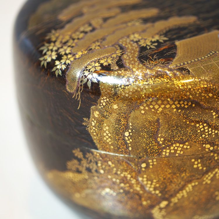 和風デザインの木製棗A492 茶道具 棗山水図蒔絵和紙貼り平棗Ken MAKIE Studio「彩輝光」