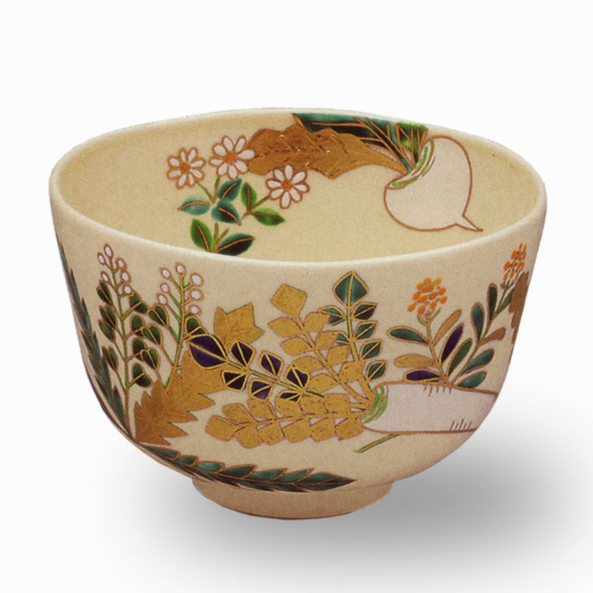 茶道具 清水焼 色絵春草茶碗 共箱 美品(K-A667) 手塚祥堂｜TEZUKA Shodo(京都, 1934- ) 清水焼 色絵 草花文 秋草絵