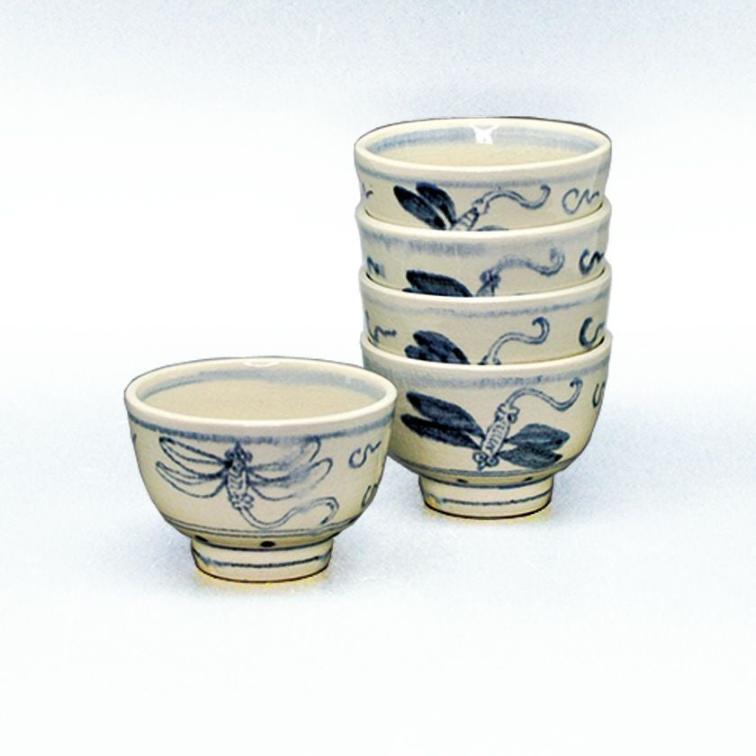 【茶道具】 安南　振り出し　合箱　中国陶磁器 茶道具 数茶碗（かずちゃわん） 汲出茶碗 安南蜻蛉 5客 楽山窯 | 千年