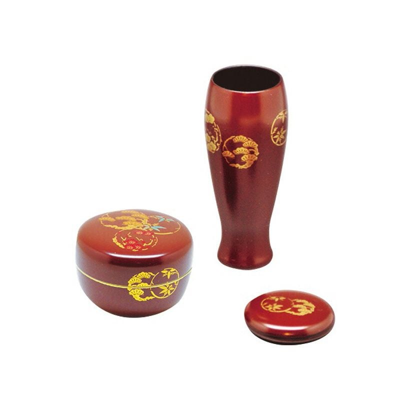 茶道具 三点セット（棗・香合・茶筅筒） 塗 三点セット 古代朱 花丸