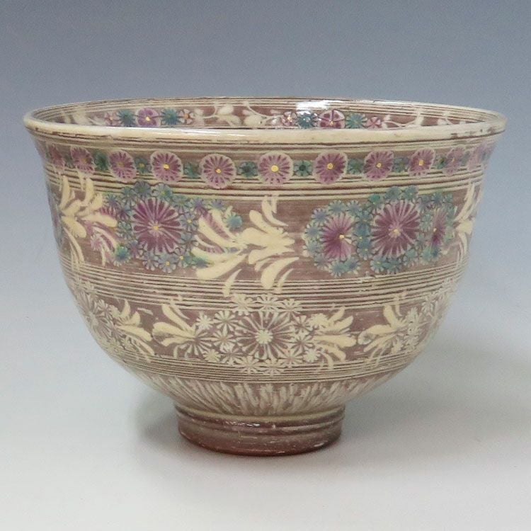 茶道具 抹茶茶碗（まっちゃちゃわん）紫彩華紋茶碗  森里 陶楽 抹茶茶碗は茶の湯文化である表千家・裏千家の茶道具や抹茶を専門に扱う千紀園（せんきえん）が通販で販売しています。茶会また初心者向けのお稽古用にご利用いただける抹茶碗です。贈り物・ギフトにも人気です。