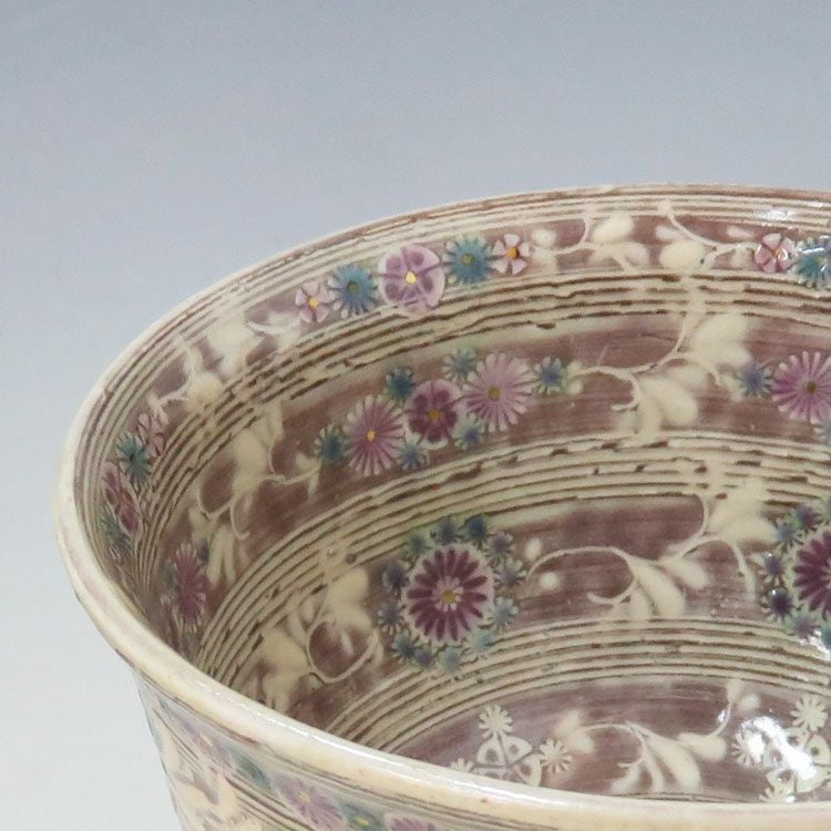 茶道具 抹茶茶碗（まっちゃちゃわん）紫彩華紋茶碗  森里 陶楽 抹茶茶碗は茶の湯文化である表千家・裏千家の茶道具や抹茶を専門に扱う千紀園（せんきえん）が通販で販売しています。茶会また初心者向けのお稽古用にご利用いただける抹茶碗です。贈り物・ギフトにも人気です。