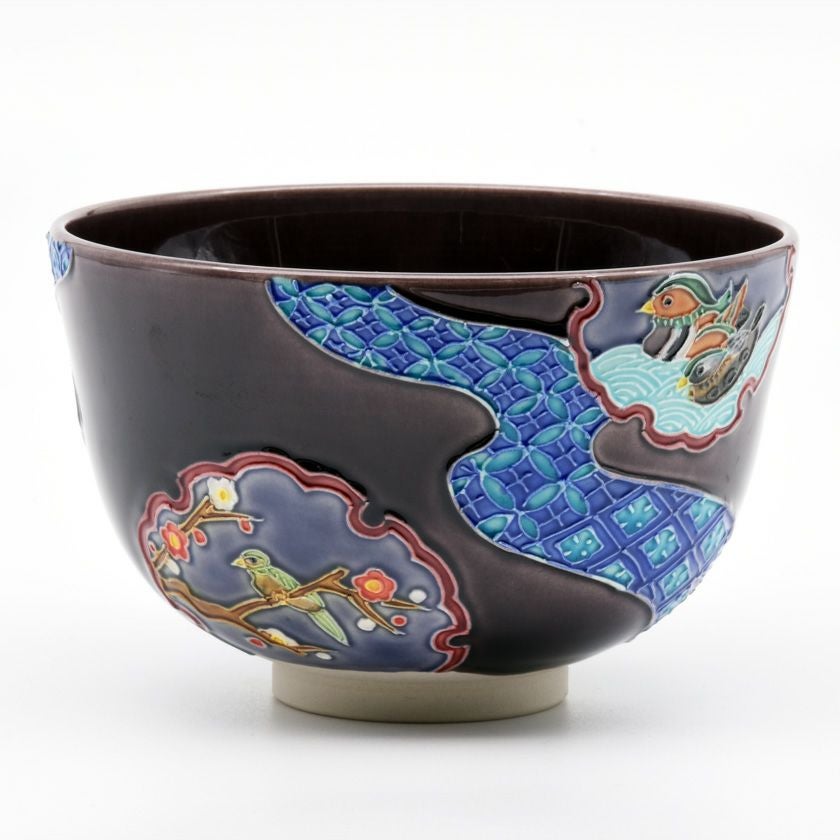 茶道具 抹茶茶碗（まっちゃちゃわん） 茶碗 紫交趾 雪輪窓絵流水 中村 翠嵐 抹茶茶碗は茶の湯文化である表千家・裏千家の茶道具や抹茶を専門に扱う千紀園（せんきえん）が通販で販売しています。茶会また初心者向けのお稽古用にご利用いただける抹茶碗です。贈り物・ギフトにも人気です。