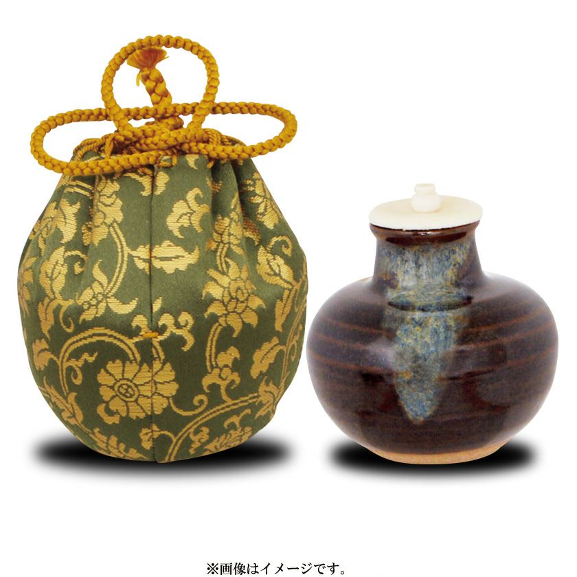 茶道具 茶入（ちゃいれ） 丸壺茶入 仕覆：二重蔓牡丹唐草金襴、蓋 万代