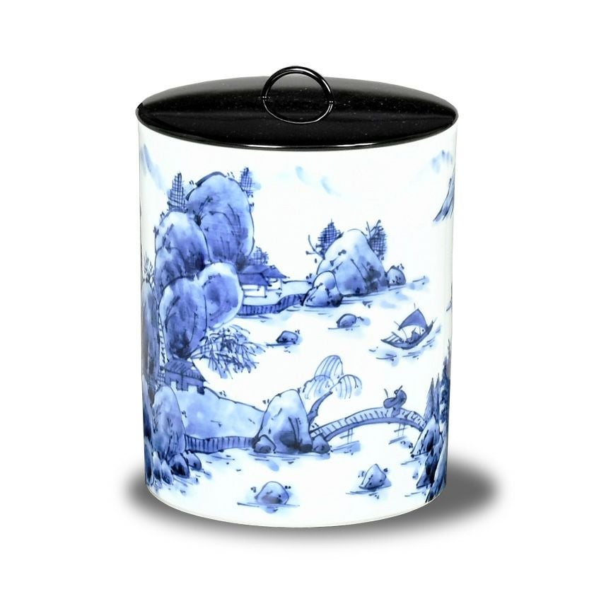 Ｗ３３１　水指　『染付　山水』『中置水指』『陶宝 造』『塗替蓋付』　共箱　茶道具 茶道具 水指（水差・みずさし） 水指 染付山水一重口 高野 昭阿弥