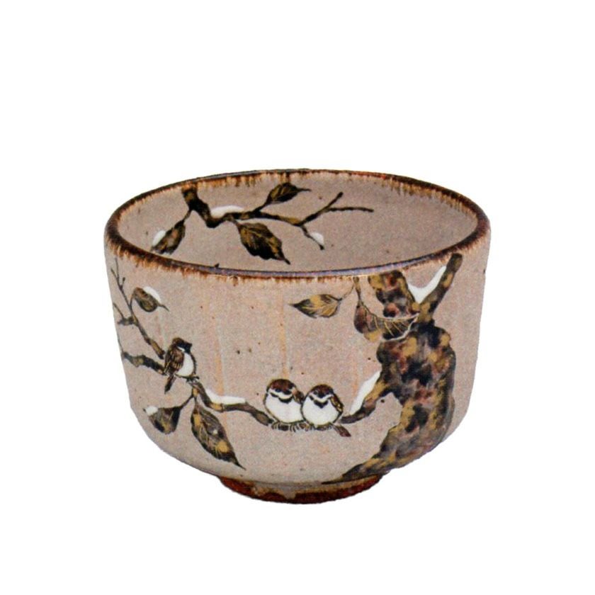 茶道具 抹茶茶碗（まっちゃちゃわん） 灰釉 寒雀絵 茶碗 中村 良二