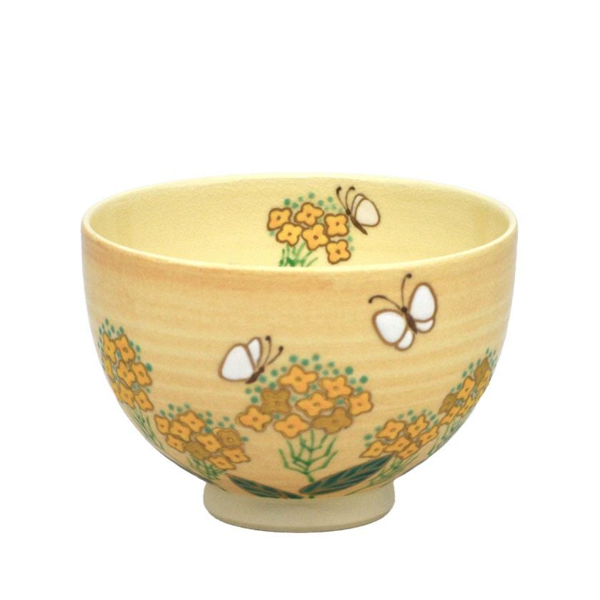 茶道具 菜の花蝶々茶碗 色絵 小野山若水 抹茶椀 共箱 茶道具 抹茶茶碗（まっちゃちゃわん） 茶碗 菜の花に蝶 見谷 福峰