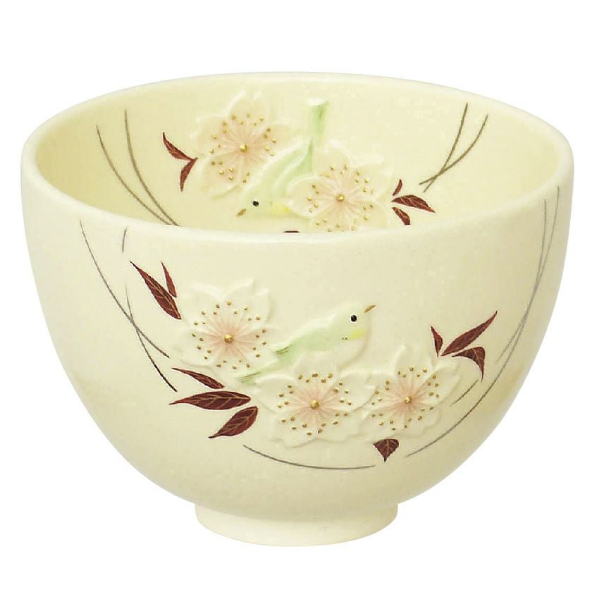 茶道具 抹茶茶碗（まっちゃちゃわん） 茶碗 浮彫 山桜にメジロ 今岡