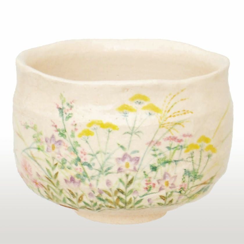 茶道具 楽茶碗（らくちゃわん） 茶碗 白楽 秋草図 吉村 楽入 抹茶茶碗は茶の湯文化である表千家・裏千家の茶道具や抹茶を専門に扱う千紀園（せんきえん）が通販で販売しています。茶会また初心者向けのお稽古用にご利用いただける抹茶碗です。贈り物・ギフトにも人気です。