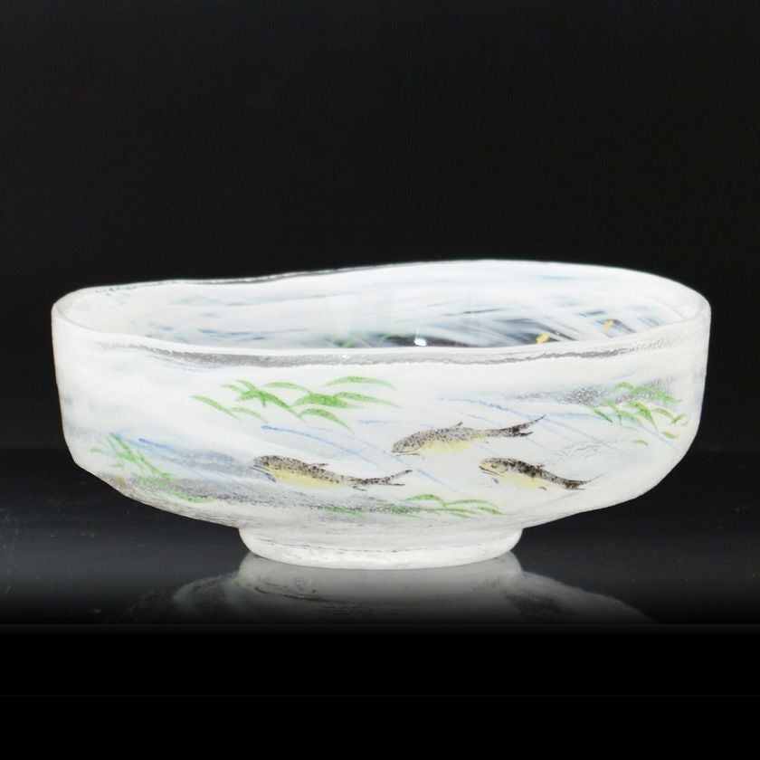 茶道具 【広畑久仁彦】蟹図 ガラス 平茶碗 紙箱 義山 夏茶碗 茶道具 平茶碗（ひらちゃわん） ガラス馬盥茶碗 清流に鮎 広畑 久仁彦