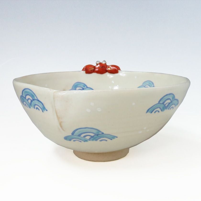 抹茶茶碗　'御本　色絵　沢蟹　' 京焼作家　茶道具 茶道具 抹茶茶碗 灰釉 掛分 蟹 中村良二作 沢蟹 かに カニ 葦 芦 蘆 葭