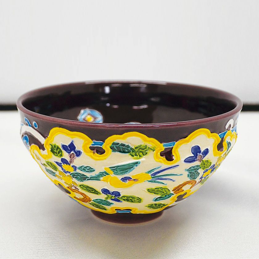 茶道具 抹茶茶碗（まっちゃちゃわん） 紫交趾茶碗 花鳥紋 利昇窯