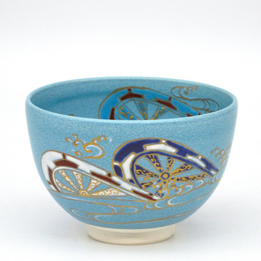 Ｓ３１　茶碗　九客　『水出宋絢造』『大津絵』『絵変わり数茶碗』　共箱　茶道具 茶道具 抹茶茶碗（まっちゃちゃわん） 茶碗 トルコ釉 流水車 水出 宋絢