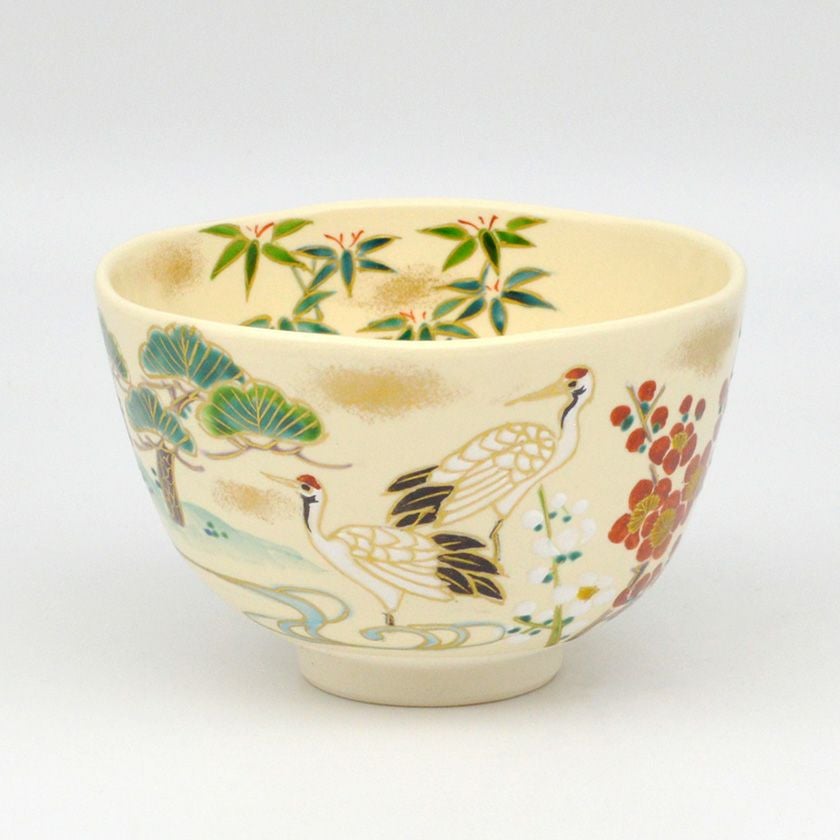 茶道具 抹茶茶碗（まっちゃちゃわん） 茶碗 仁清 松竹梅に鶴 壱休窯 抹茶茶碗は茶の湯文化である表千家・裏千家の茶道具や抹茶を専門に扱う千紀園（せんきえん）が通販で販売しています。茶会また初心者向けのお稽古用にご利用いただける抹茶碗です。贈り物・ギフトにも人気です。
