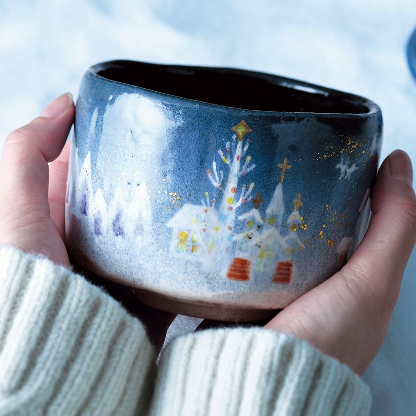 茶道具 抹茶茶碗（まっちゃちゃわん） 季節茶碗 イブの街 吉村 楽入 クリスマス Xmas Christmas 聖誕節 抹茶茶碗は茶の湯文化である表千家・裏千家の茶道具や抹茶を専門に扱う千紀園（せんきえん）が通販で販売しています。茶会また初心者向けのお稽古用にご利用いただける抹茶碗です。贈り物・ギフトにも人気です。