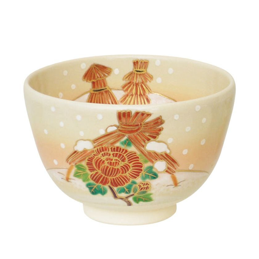 茶道具 寒牡丹 茶碗 ＆ 鋳銅蓋置 NO317 茶道具 抹茶茶碗（まっちゃちゃわん） 茶碗 色絵 寒牡丹にわらぼっち