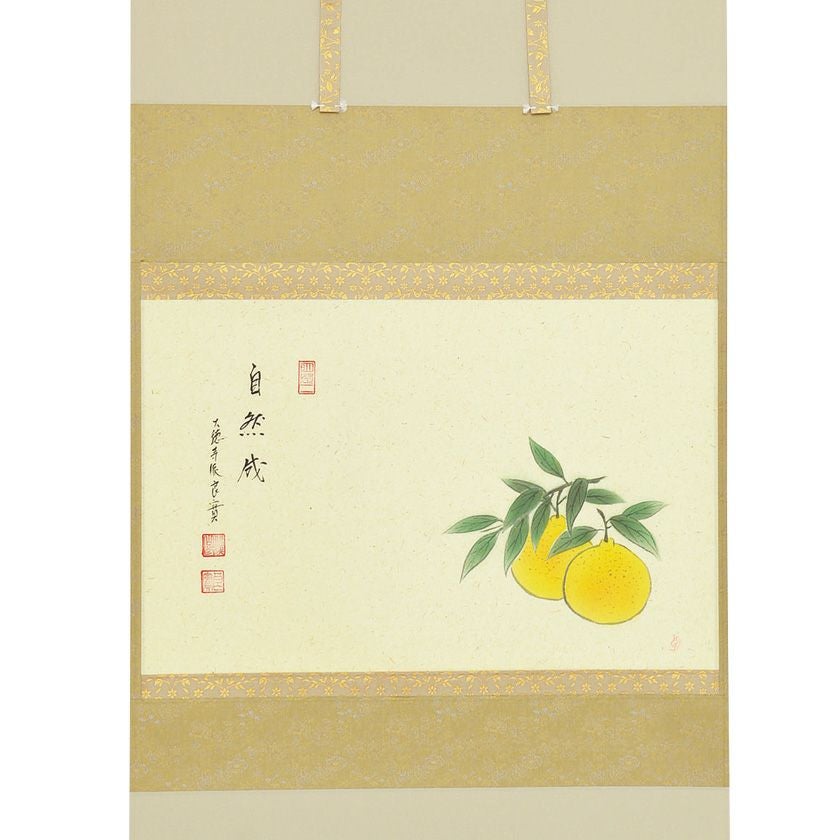 茶道具 掛軸（かけじく） 軸横物画賛 柚子の図 「自然成」 小堀良實 