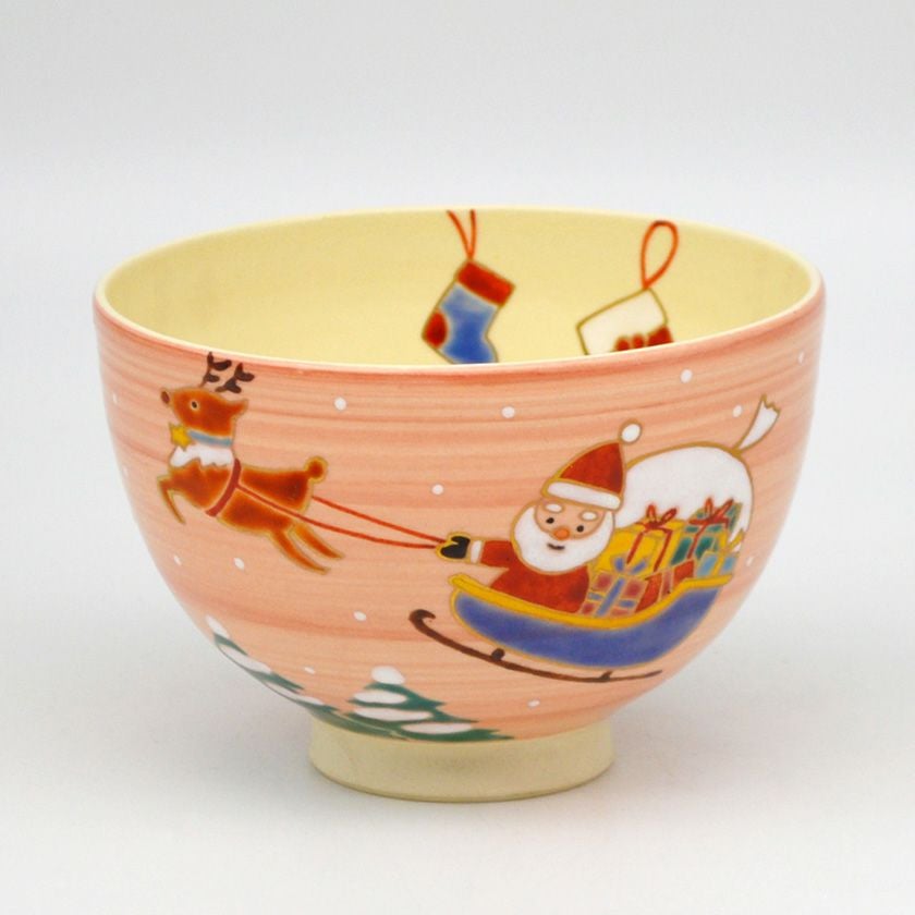 茶道具　抹茶茶碗　筒茶碗　煙突サンタ　クリスマス　東山深山　色絵　栞　化粧箱入 茶道具 抹茶茶碗（まっちゃちゃわん） 茶碗 サンタ 見谷 福峰