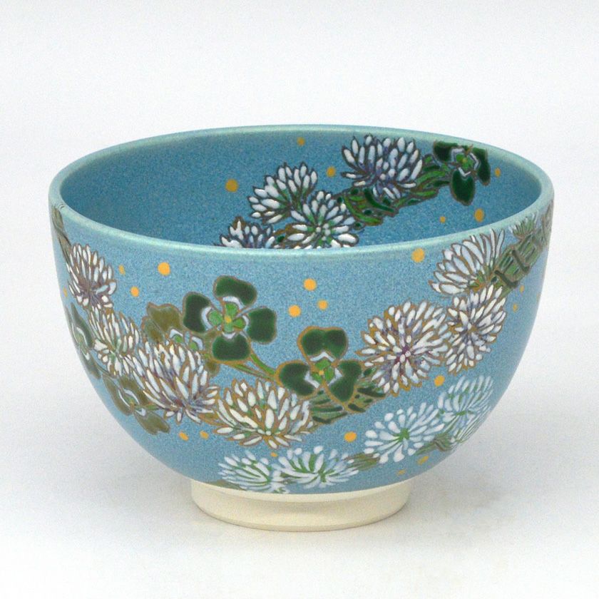 藍草　織部抹茶碗　M59 茶道具 抹茶茶碗（まっちゃちゃわん） 茶碗 トルコ釉 白詰草 水出 宋絢
