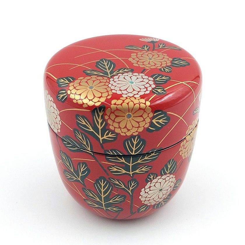 茶道具 薄茶器（うすちゃき） 中棗 朱 菊蒔絵 中村 湖彩