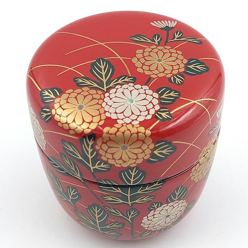 茶道具 薄茶器（うすちゃき） 中棗 朱 菊蒔絵 中村 湖彩