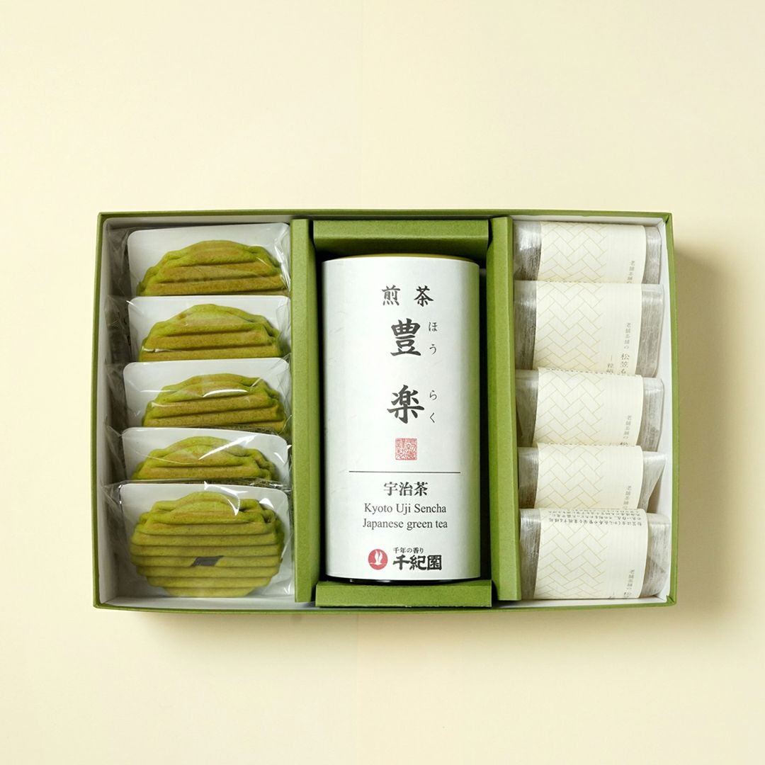 松笠もなかと宇治抹茶ヴァッフェルと宇治煎茶「豊楽」詰合せ｜抹茶