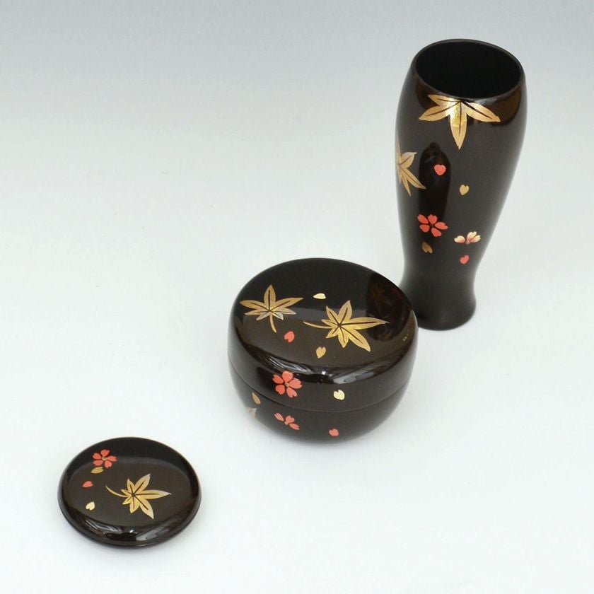 茶道具 茶箱（ちゃばこ）セット 桐溜塗 春秋蒔絵茶箱セット（三点