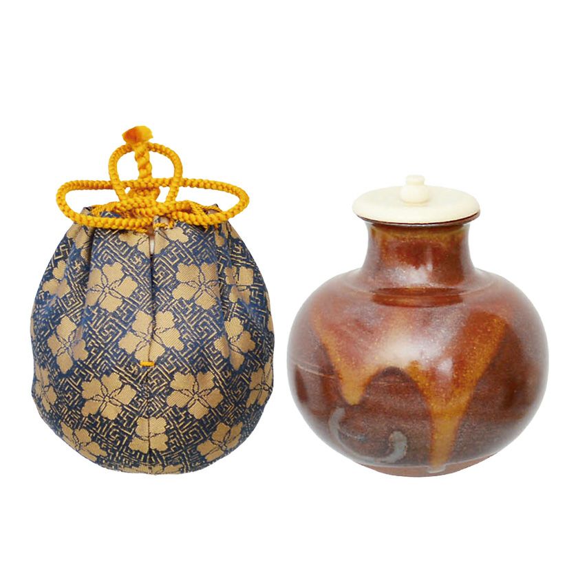唐物大名物 利休丸壺茶入 おむろ窯 孝三造 仕覆 藤種緞子 本歌写 共箱 茶道具 茶道具 茶入（ちゃいれ） 茶入 大名物 唐物 利休丸壺写 仕覆：藤種緞子