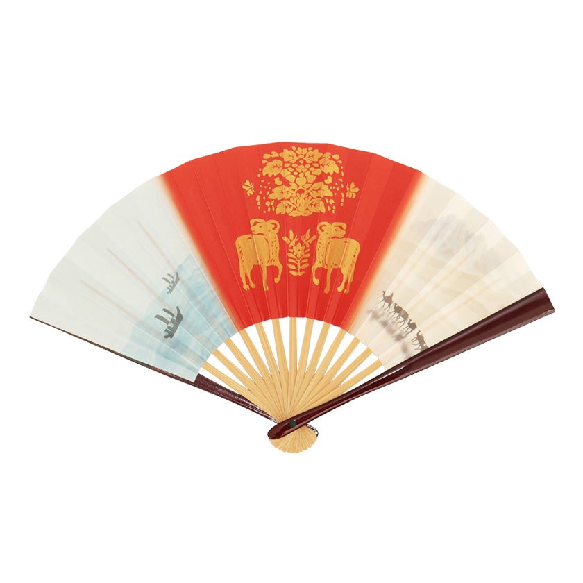 1429 橋本龍岳　扇面　色絵末広透し蓋置 共箱 茶道具　未使用 茶道具 扇子（せんす） 干支扇子 双羊文 5寸溜塗 （裏面：無地） 干支