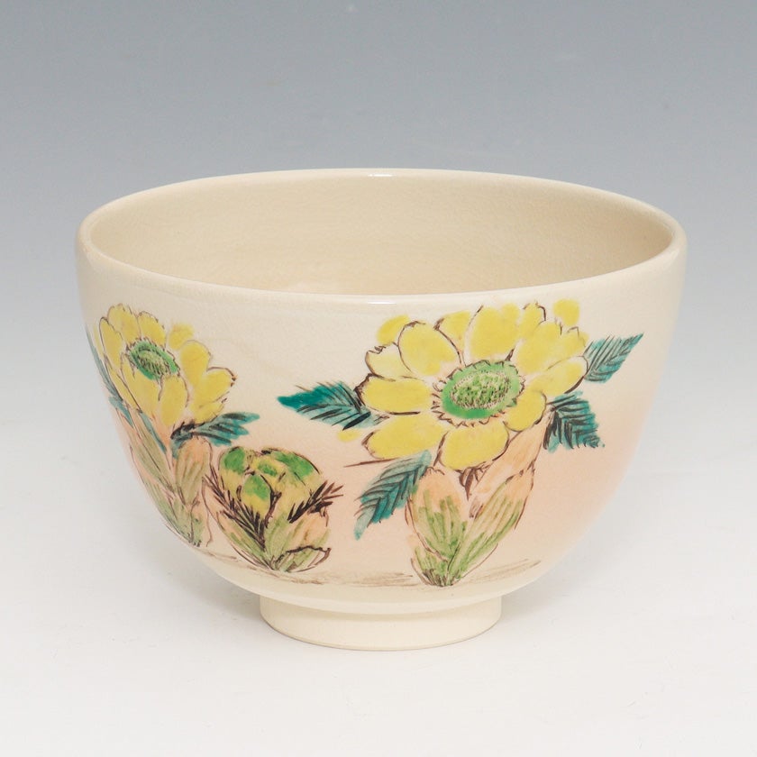 福禄寿図 陶器製茶碗 手描き彩色作品 茶道具 抹茶茶碗（まっちゃちゃわん） 茶碗 色絵 福寿草 加藤 起楽